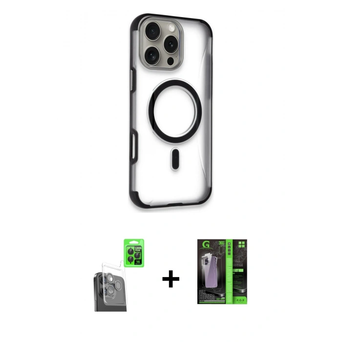 MARSİLYAN™- iPhone 16 Pro Max Kılıf Eksen Klasik Koleksiyonu - Şeffaf 360 Full Body Arka Koruyucu + Raze Metal Kamera Lens - SH