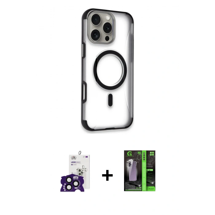 MARSİLYAN™- iPhone 16 Pro Max Kılıf Eksen Klasik Koleksiyonu - Şeffaf 360 Full Body Arka Koruyucu + Siyah Bilvis Titan Kamera Lens