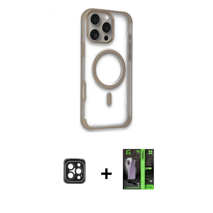 MARSİLYAN™- iPhone 16 Pro Max Kılıf Eksen Klasik Koleksiyonu - Şeffaf 360 Full Body Arka Koruyucu + PVD Metal Kamera Lens - SH