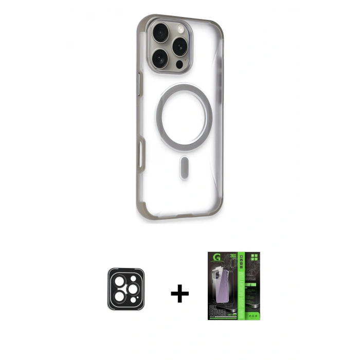MARSİLYAN™- iPhone 16 Pro Max Kılıf Eksen Klasik Koleksiyonu - Şeffaf 360 Full Body Arka Koruyucu + PVD Metal Kamera Lens - SH
