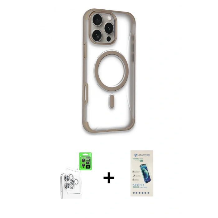 MARSİLYAN™- iPhone 16 Pro Max Kılıf Eksen Klasik Koleksiyonu - Şeffaf Pasifik Cam Ekran Koruyucu + Beyaz Raze Metal Kamera Lens