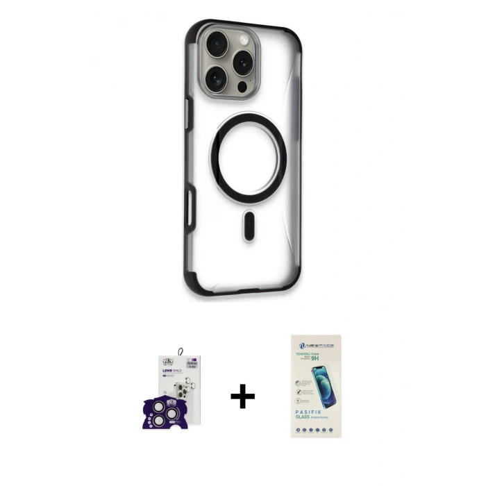 MARSİLYAN™- iPhone 16 Pro Max Kılıf Eksen Klasik Koleksiyonu - Şeffaf Pasifik Cam Ekran Koruyucu + Bilvis Titan Kamera Lens - TMGI