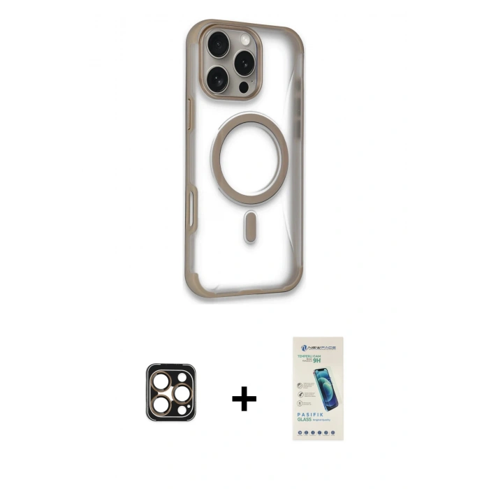 MARSİLYAN™- iPhone 16 Pro Max Kılıf Eksen Klasik Koleksiyonu - Şeffaf Pasifik Cam Ekran Koruyucu + PVD Metal Kamera Lens - GD