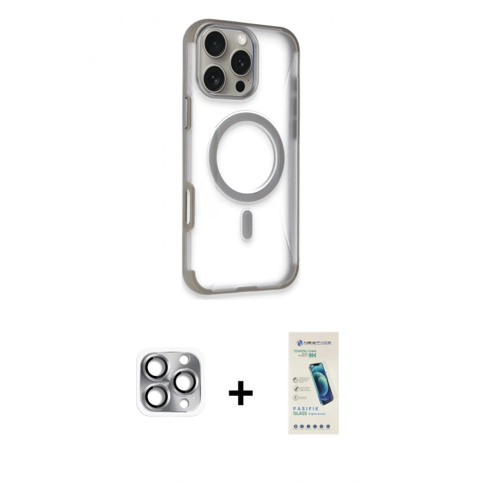 MARSİLYAN™- iPhone 16 Pro Max Kılıf Eksen Klasik Koleksiyonu - Şeffaf Pasifik Cam Ekran Koruyucu + Pers Alüminyum Kamera Lens - GI