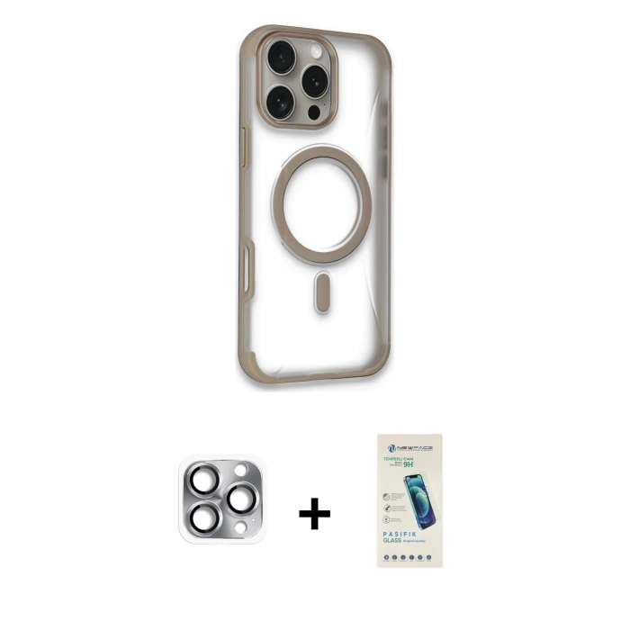 MARSİLYAN™- iPhone 16 Pro Max Kılıf Eksen Klasik Koleksiyonu - Şeffaf Pasifik Cam Ekran Koruyucu + Pers Alüminyum Kamera Lens - GI