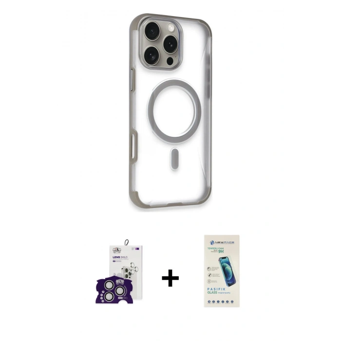 MARSİLYAN™- iPhone 16 Pro Max Kılıf Eksen Klasik Koleksiyonu - Şeffaf Pasifik Cam Ekran Koruyucu + Bilvis Titan Kamera Lens - GS