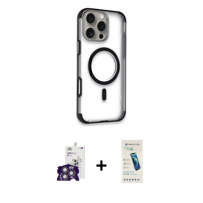MARSİLYAN™- iPhone 16 Pro Max Kılıf Eksen Klasik Koleksiyonu - Şeffaf Pasifik Cam Ekran Koruyucu + Bilvis Titan Kamera Lens - GS