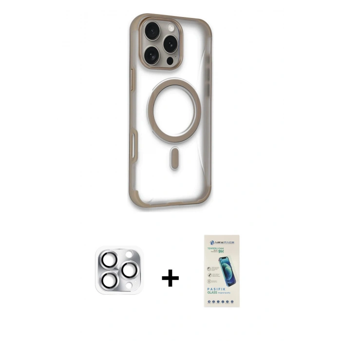 MARSİLYAN™- iPhone 16 Pro Max Kılıf Eksen Klasik Koleksiyonu - Şeffaf Pasifik Cam Ekran Koruyucu + Pers Alüminyum Kamera Lens - GS