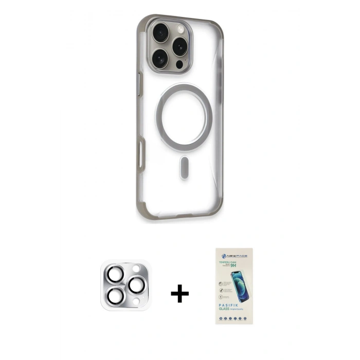 MARSİLYAN™- iPhone 16 Pro Max Kılıf Eksen Klasik Koleksiyonu - Şeffaf Pasifik Cam Ekran Koruyucu + Pers Alüminyum Kamera Lens - GS