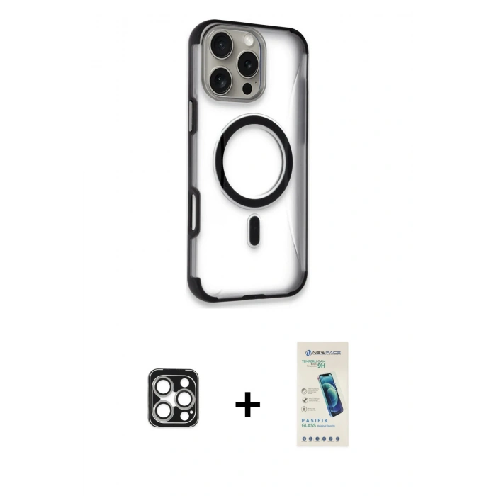 MARSİLYAN™- iPhone 16 Pro Max Kılıf Eksen Klasik Koleksiyonu - Şeffaf Pasifik Cam Ekran Koruyucu + PVD Metal Kamera Lens - GS