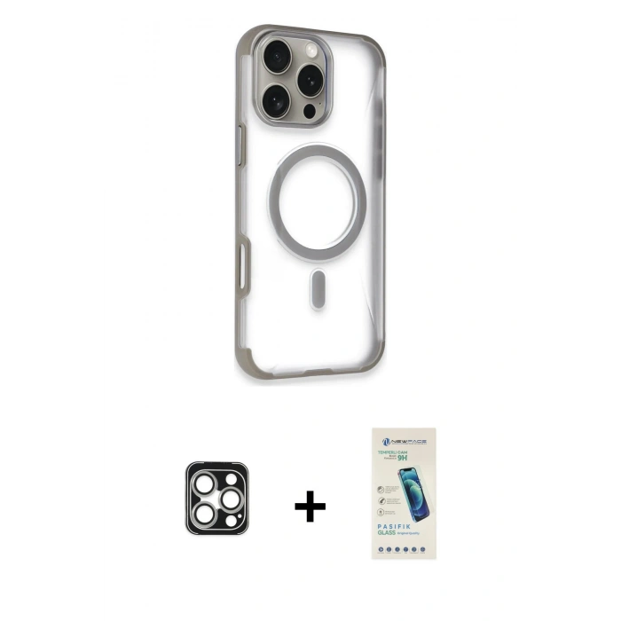 MARSİLYAN™- iPhone 16 Pro Max Kılıf Eksen Klasik Koleksiyonu - Şeffaf Pasifik Cam Ekran Koruyucu + PVD Metal Kamera Lens - GS