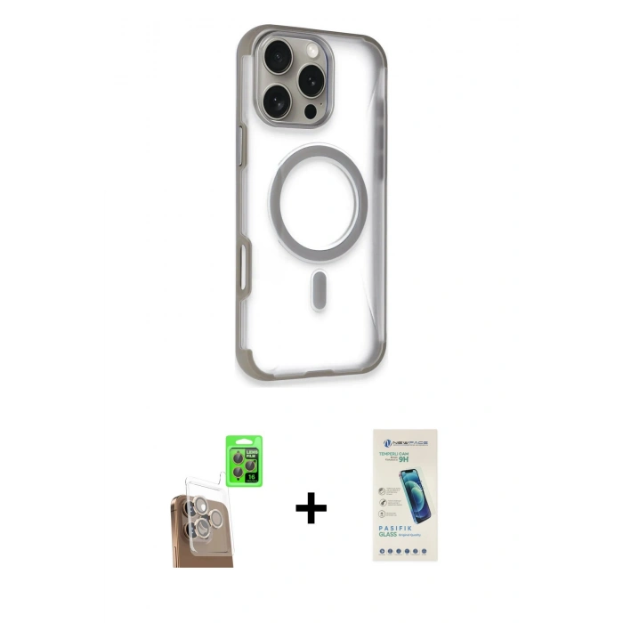 MARSİLYAN™- iPhone 16 Pro Max Kılıf Eksen Klasik Koleksiyonu - Şeffaf Pasifik Cam Ekran Koruyucu + Raze Metal Kamera Lens - CLTM