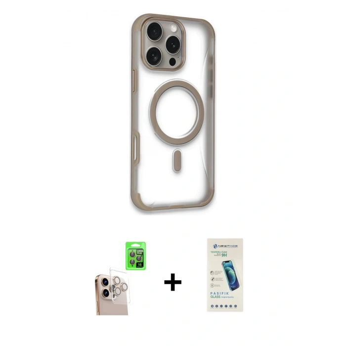 MARSİLYAN™- iPhone 16 Pro Max Kılıf Eksen Klasik Koleksiyonu - Şeffaf Pasifik Cam Ekran Koruyucu + Raze Metal Kamera Lens - NLGY