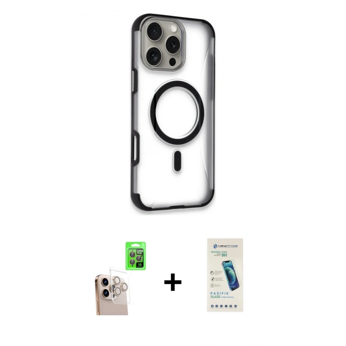 MARSİLYAN™- iPhone 16 Pro Max Kılıf Eksen Klasik Koleksiyonu - Şeffaf Pasifik Cam Ekran Koruyucu + Raze Metal Kamera Lens - NLGY