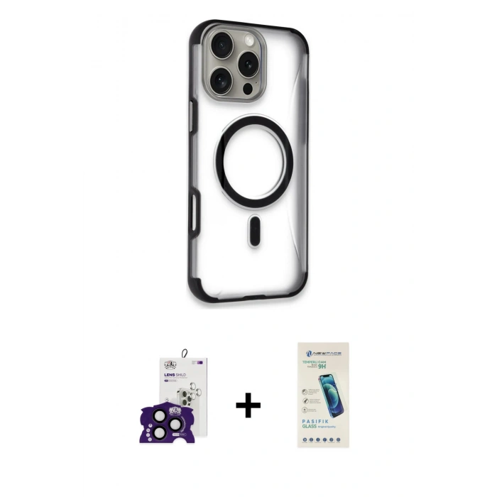 MARSİLYAN™- iPhone 16 Pro Max Kılıf Eksen Klasik Koleksiyonu - Şeffaf Pasifik Cam Ekran Koruyucu + Bilvis Titan Kamera Lens - SH
