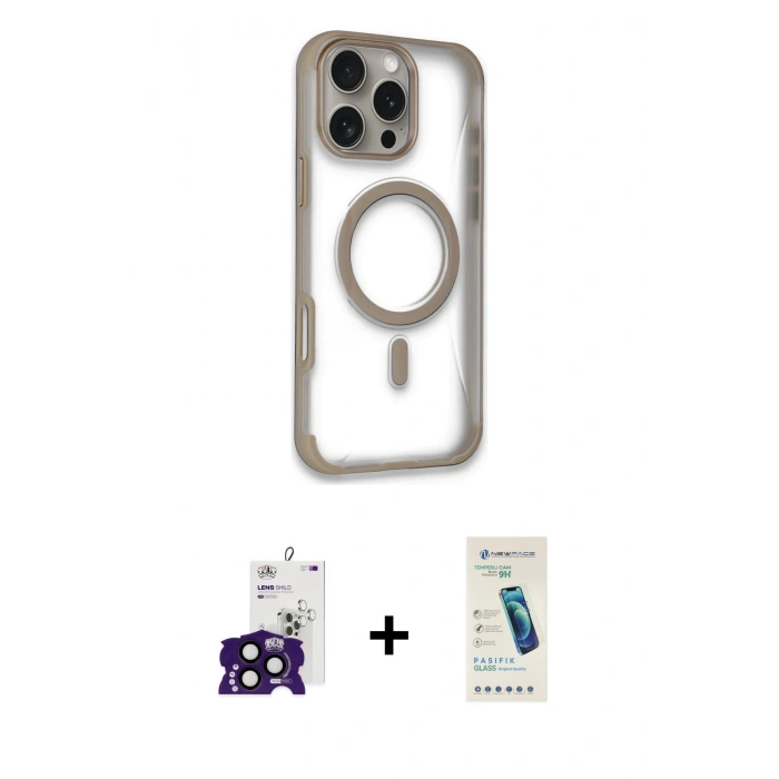 MARSİLYAN™- iPhone 16 Pro Max Kılıf Eksen Klasik Koleksiyonu - Şeffaf Pasifik Cam Ekran Koruyucu + Bilvis Titan Kamera Lens - SH