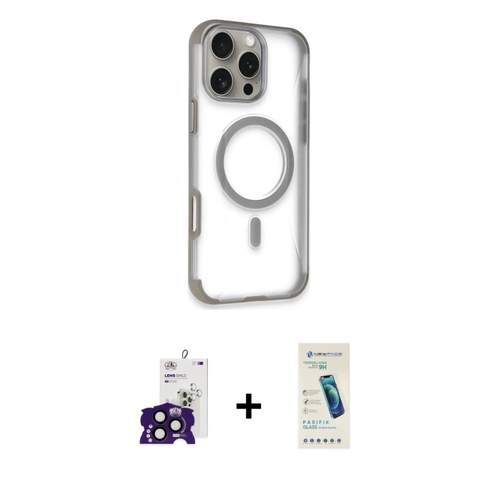 MARSİLYAN™- iPhone 16 Pro Max Kılıf Eksen Klasik Koleksiyonu - Şeffaf Pasifik Cam Ekran Koruyucu + Bilvis Titan Kamera Lens - SH