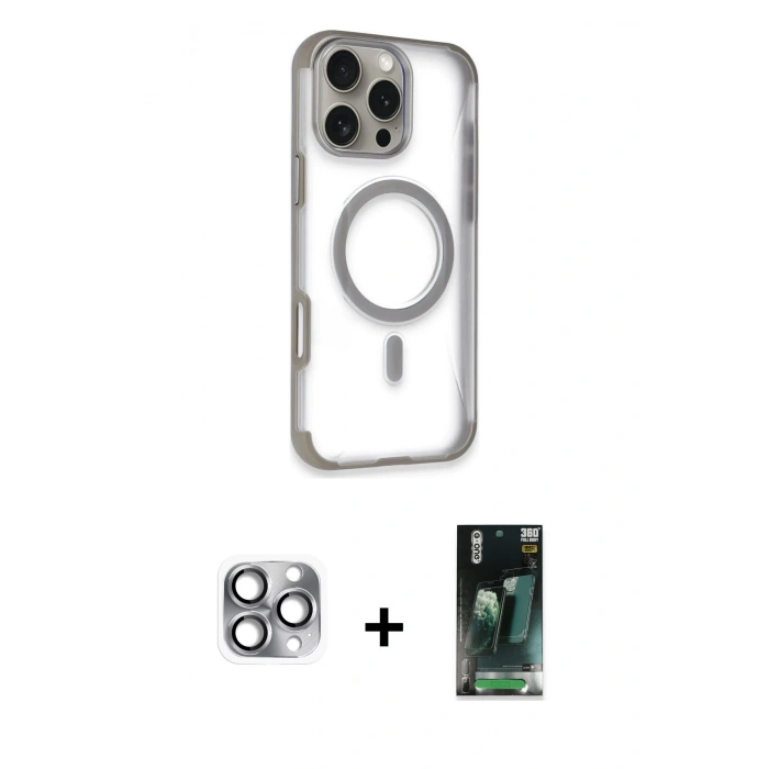 MARSİLYAN™- iPhone 16 Pro Max Kılıf Eksen Klasik Koleksiyonu - Siyah 360 Mat Full Body Arka Koruyucu + Gri Pers Alüminyum Kamera Lens
