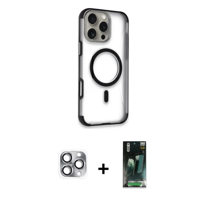 MARSİLYAN™- iPhone 16 Pro Max Kılıf Eksen Klasik Koleksiyonu - Siyah 360 Mat Full Body Arka Koruyucu + Gri Pers Alüminyum Kamera Lens