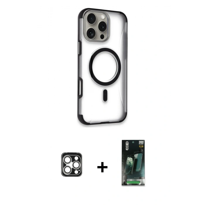 MARSİLYAN™- iPhone 16 Pro Max Kılıf Eksen Klasik Koleksiyonu - Siyah 360 Mat Full Body Arka Koruyucu + PVD Metal Kamera Lens - GS