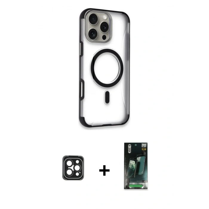 MARSİLYAN™- iPhone 16 Pro Max Kılıf Eksen Klasik Koleksiyonu - Siyah 360 Mat Full Body Arka Koruyucu + PVD Metal Kamera Lens - SH