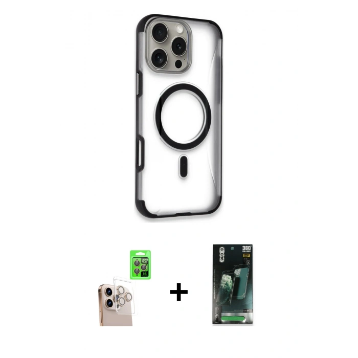 MARSİLYAN™- iPhone 16 Pro Max Kılıf Eksen Klasik Koleksiyonu - Siyah 360 Mat Full Body Arka Koruyucu + Raze Metal Kamera Lens - NLGY