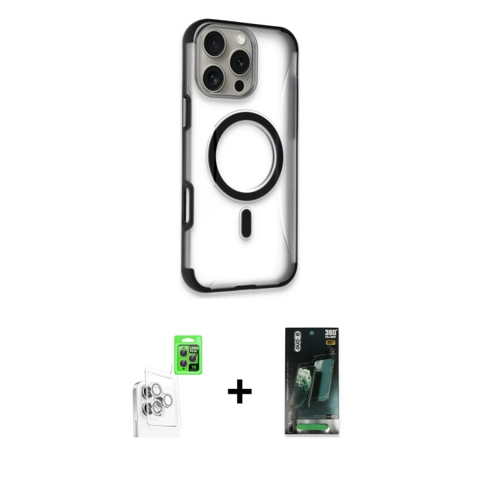 MARSİLYAN™- iPhone 16 Pro Max Kılıf Eksen Klasik Koleksiyonu - Siyah 360 Mat Full Body Arka Koruyucu + Raze Metal Kamera Lens - BZ
