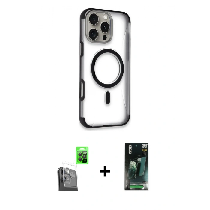 MARSİLYAN™- iPhone 16 Pro Max Kılıf Eksen Klasik Koleksiyonu - Siyah 360 Mat Full Body Arka Koruyucu + Siyah Raze Metal Kamera Lens