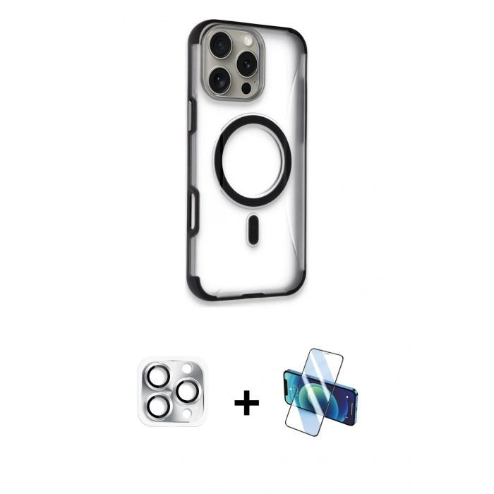 MARSİLYAN™- iPhone 16 Pro Max Kılıf Eksen Klasik Koleksiyonu - Siyah 3D Antistatik Cam Ekran Koruyucu + Pers Alüminyum Kamera Lens - GS
