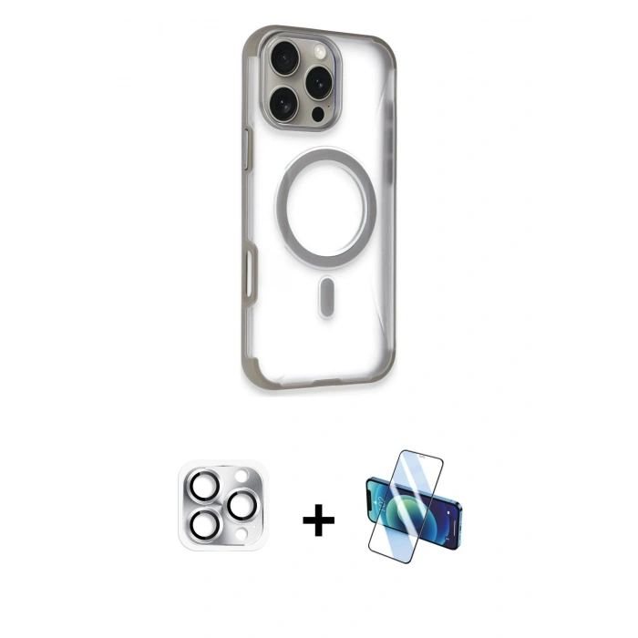 MARSİLYAN™- iPhone 16 Pro Max Kılıf Eksen Klasik Koleksiyonu - Siyah 3D Antistatik Cam Ekran Koruyucu + Pers Alüminyum Kamera Lens - GS