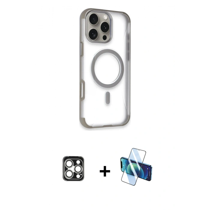 MARSİLYAN™- iPhone 16 Pro Max Kılıf Eksen Klasik Koleksiyonu - Siyah 3D Antistatik Cam Ekran Koruyucu + PVD Metal Kamera Lens - GS