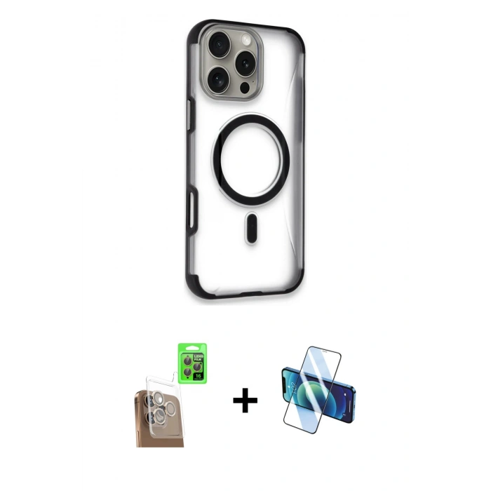 MARSİLYAN™- iPhone 16 Pro Max Kılıf Eksen Klasik Koleksiyonu - Siyah 3D Antistatik Cam Ekran Koruyucu + Raze Metal Kamera Lens - CLTM