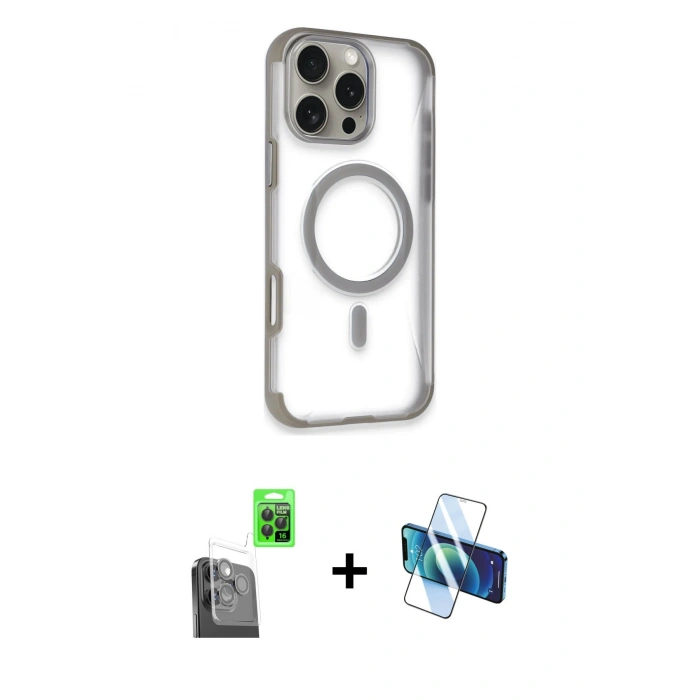 MARSİLYAN™- iPhone 16 Pro Max Kılıf Eksen Klasik Koleksiyonu - Siyah 3D Antistatik Cam Ekran Koruyucu + Raze Metal Kamera Lens - SH