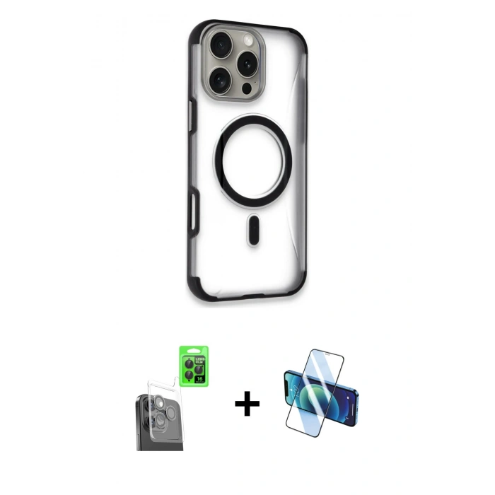 MARSİLYAN™- iPhone 16 Pro Max Kılıf Eksen Klasik Koleksiyonu - Siyah 3D Antistatik Cam Ekran Koruyucu + Raze Metal Kamera Lens - SH