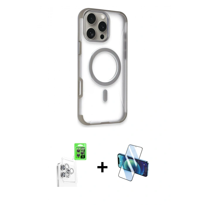 MARSİLYAN™- iPhone 16 Pro Max Kılıf Eksen Klasik Koleksiyonu - Siyah 3D Antistatik Cam Ekran Koruyucu + Raze Metal Kamera Lens - BZ