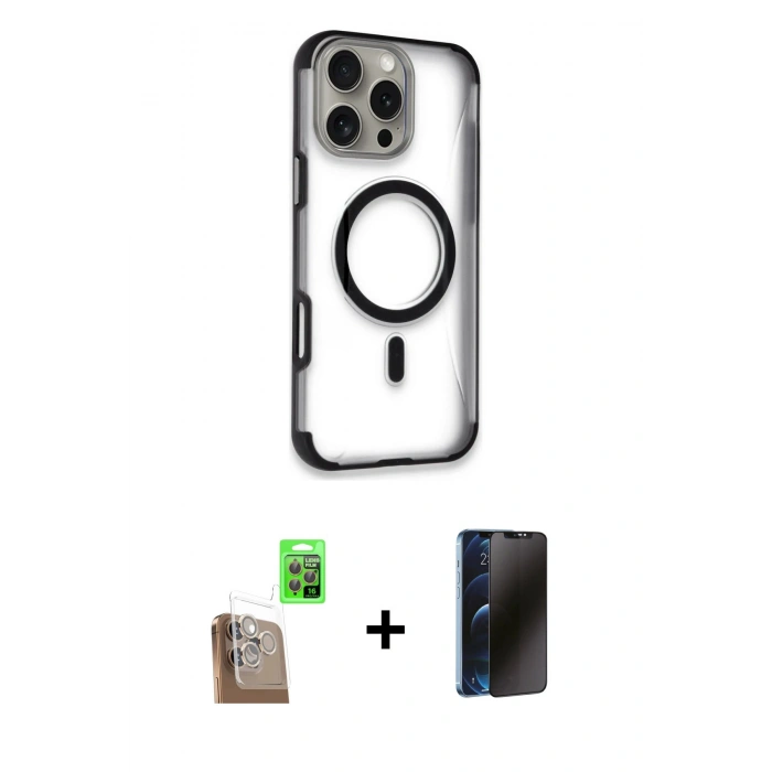 MARSİLYAN™- iPhone 16 Pro Max Kılıf Eksen Klasik Koleksiyonu - Siyah 3D Antistatik Hayalet Cam Ekran Koruyucu + Raze Metal Kamera Lens - CLTM