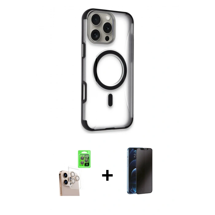 MARSİLYAN™- iPhone 16 Pro Max Kılıf Eksen Klasik Koleksiyonu - Siyah 3D Antistatik Hayalet Cam Ekran Koruyucu + Raze Metal Kamera Lens - NLGY