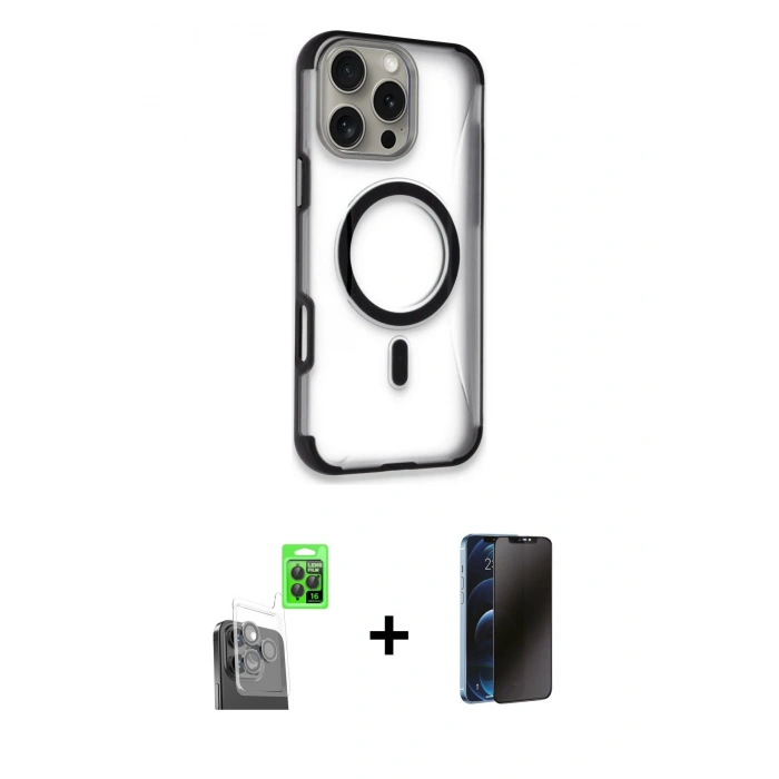 MARSİLYAN™- iPhone 16 Pro Max Kılıf Eksen Klasik Koleksiyonu - Siyah 3D Antistatik Hayalet Cam Ekran Koruyucu + Raze Metal Kamera Lens - SH