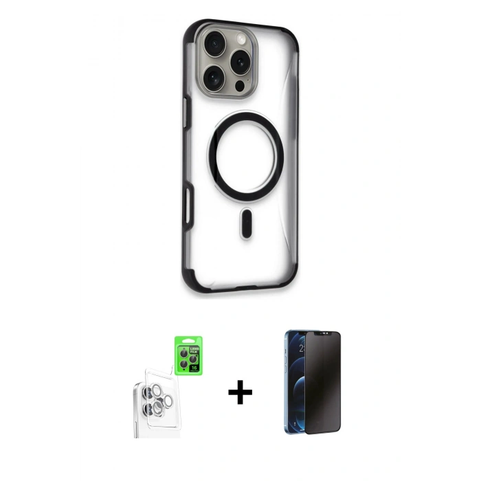 MARSİLYAN™- iPhone 16 Pro Max Kılıf Eksen Klasik Koleksiyonu - Siyah 3D Antistatik Hayalet Cam Ekran Koruyucu + Raze Metal Kamera Lens - BZ
