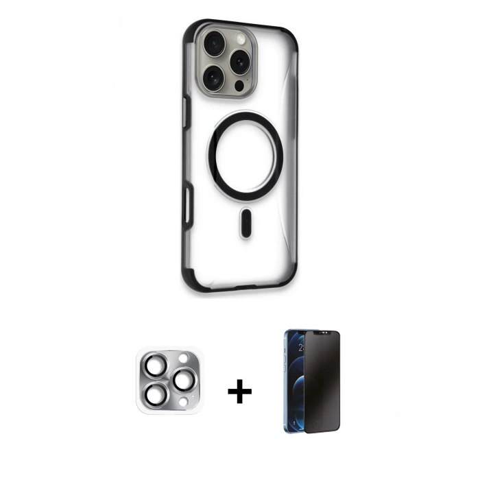 MARSİLYAN™- iPhone 16 Pro Max Kılıf Eksen Klasik Koleksiyonu - Siyah 3D Antistatik Hayalet Cam Ekran Koruyucu + Pers Alüminyum Kamera Lens - GI