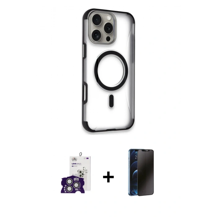 MARSİLYAN™- iPhone 16 Pro Max Kılıf Eksen Klasik Koleksiyonu - Siyah 3D Antistatik Hayalet Cam Ekran Koruyucu + Bilvis Titan Kamera Lens - GS