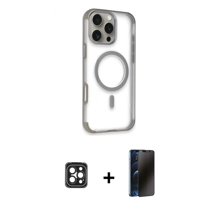 MARSİLYAN™- iPhone 16 Pro Max Kılıf Eksen Klasik Koleksiyonu - Siyah 3D Antistatik Hayalet Cam Ekran Koruyucu + PVD Metal Kamera Lens - SH