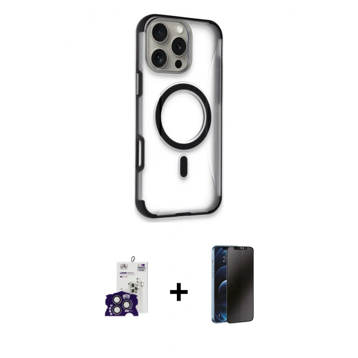 MARSİLYAN™- iPhone 16 Pro Max Kılıf Eksen Klasik Koleksiyonu - Siyah 3D Antistatik Hayalet Cam Ekran Koruyucu + Bilvis Titan Kamera Lens - TMGI