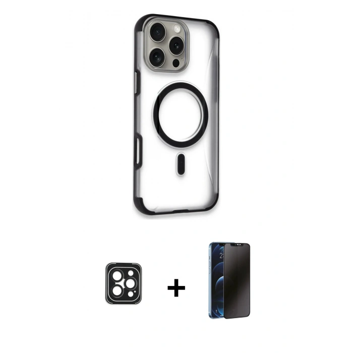 MARSİLYAN™- iPhone 16 Pro Max Kılıf Eksen Klasik Koleksiyonu - Siyah 3D Antistatik Hayalet Cam Ekran Koruyucu + PVD Metal Kamera Lens - SH