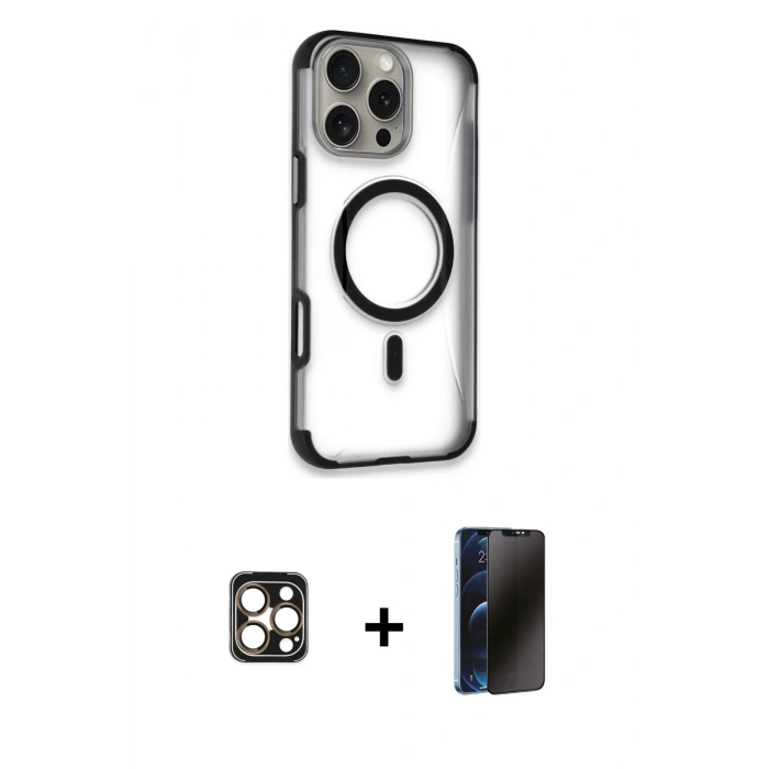 MARSİLYAN™- iPhone 16 Pro Max Kılıf Eksen Klasik Koleksiyonu - Siyah 3D Antistatik Hayalet Cam Ekran Koruyucu + PVD Metal Kamera Lens - GD