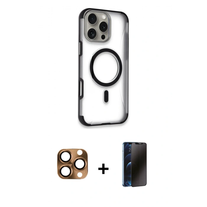 MARSİLYAN™- iPhone 16 Pro Max Kılıf Eksen Klasik Koleksiyonu - Siyah 3D Antistatik Hayalet Cam Ekran Koruyucu + Pers Alüminyum Kamera Lens - CLTM