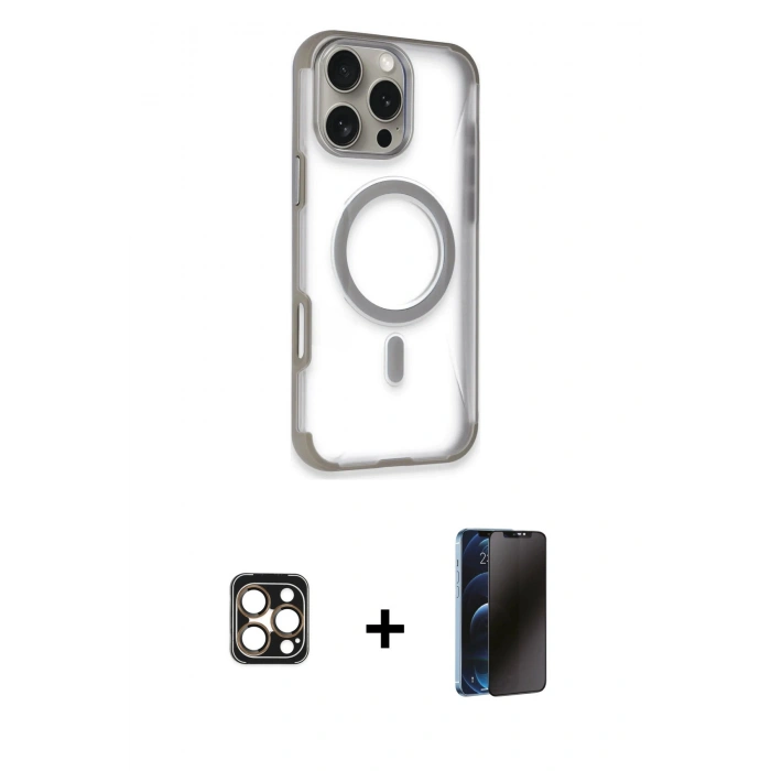 MARSİLYAN™- iPhone 16 Pro Max Kılıf Eksen Klasik Koleksiyonu - Siyah 3D Antistatik Hayalet Cam Ekran Koruyucu + PVD Metal Kamera Lens - GD