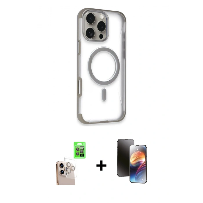 MARSİLYAN™- iPhone 16 Pro Max Kılıf Eksen Klasik Koleksiyonu - Siyah 3D Antistatik Mat Seramik Nano Ekran Koruyucu + Natural Grey Raze Metal Kamera Lens