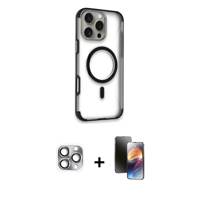 MARSİLYAN™- iPhone 16 Pro Max Kılıf Eksen Klasik Koleksiyonu - Siyah 3D Antistatik Mat Seramik Nano Ekran Koruyucu + Pers Alüminyum Kamera Lens - GI
