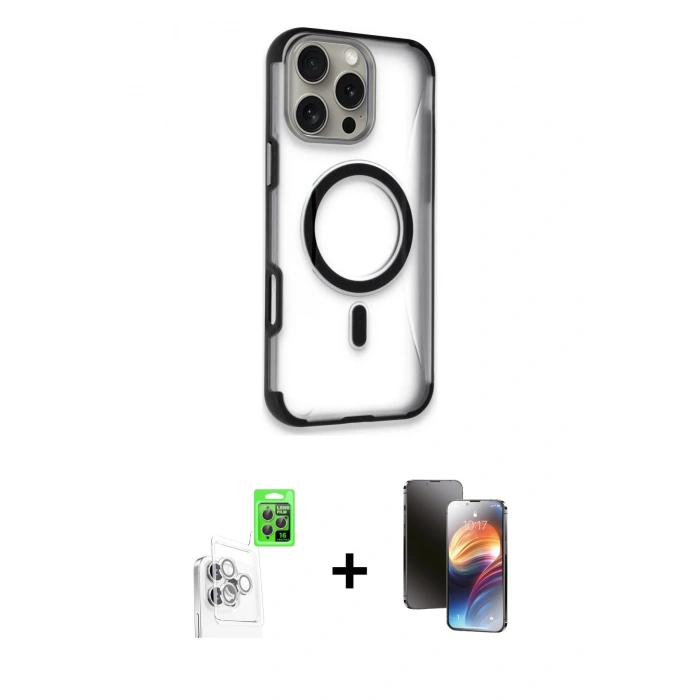 MARSİLYAN™- iPhone 16 Pro Max Kılıf Eksen Klasik Koleksiyonu - Siyah 3D Antistatik Mat Seramik Nano Ekran Koruyucu + Beyaz Raze Metal Kamera Lens